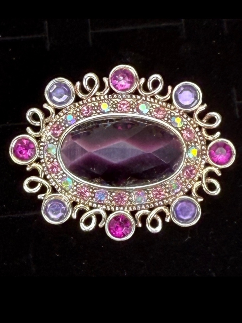 Vintage Monet Purple Pink Ornate Oval Statement Brooch Signed